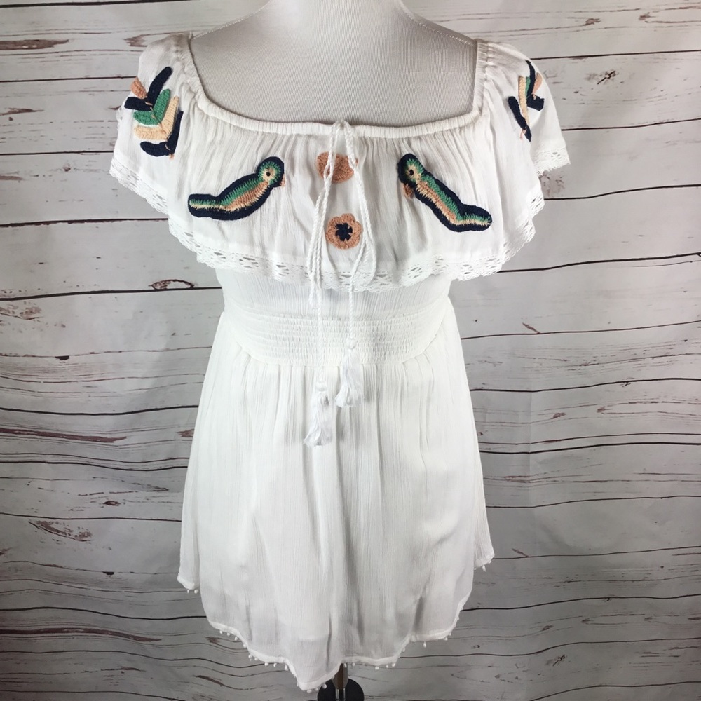 Boho Gauzy On/Off Shoulder Top W/Birds Lace Trim Women’s Small